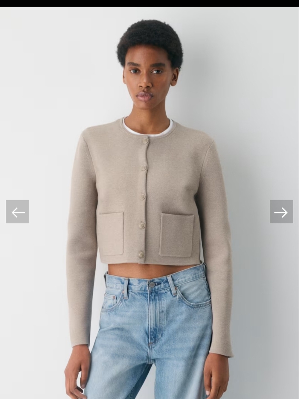 The Effortless Pant  Crepette Cropped Crewneck Pocket Cardigan Sweater in Taupe